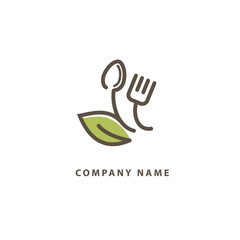 Abstract food logo icon vector design. Recipe, diet, cooking, cafe, restaurant, vegan, gmo, gluten free fresh food vector logo. Editable Design. Leaf and cutlery logo. Cooking food, menu web icon.