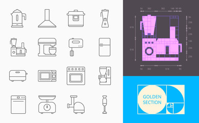 line kitchen appliances icons on a white background