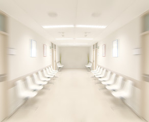 long corridor in hospital with doors and reflections, motion radial blur effect