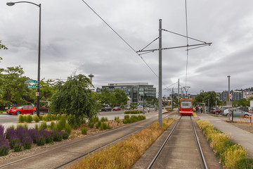 Fototapeta na wymiar Tramway and Street Scene in Seattle, USA