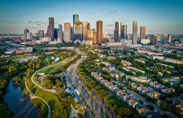 Stoff pro Meter Skyline von Houston, Texas bei Sonnenuntergang © Ryan Conine