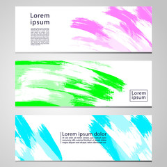 Set of three banners, abstract headers with hand painted colorful strokes, abstract background artistic collection.