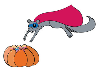 Super Squirrel Leaping into a Pumpkin Bowl of Candy