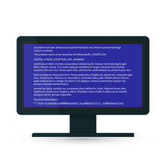 Desktop monitor with blue screen of death (BSOD). System crash report. Fatal error of software or hardware. Broken computer vector illustration.