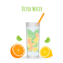 Detox water in glass vector illustration. Refreshing citrus drink, orange, lemon and of lime slices with green mint leaves. Summer beverage. Healthy lifestyle concept.