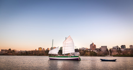 Sailboat in False Creek, Vancouver, at sunset.