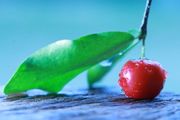 Fototapeta na wymiar Close up small red cherry on the ground