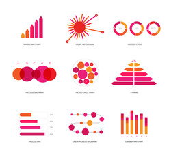 Obraz premium Infographic Elements, Timeline Presentation Vector Set. Pink, Purple Female Elegant Data Visualisation Design. Annual Rating Diagram, Path, Target Chart. Statistics Website Infographic Elements