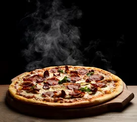 Foto op Canvas Hete grote pepperoni pizza smakelijke pizza samenstelling met smeltende kaas spek tomaten ham paprika stoom rook © Dmitry Lobanov