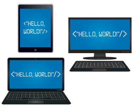 Laptop, Desktop and Tablet pcs - Computer programming language on screens - "Hello World" 