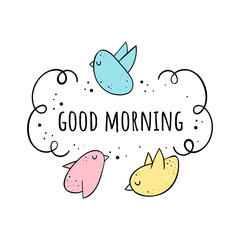 Vector illustration of a Cute birds. Good morning. Scandinavian motives. Cartoon background.