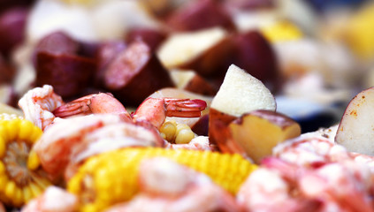A closeup of a low-country shrimp boil.