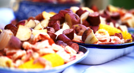 A closeup of a low-country shrimp boil.