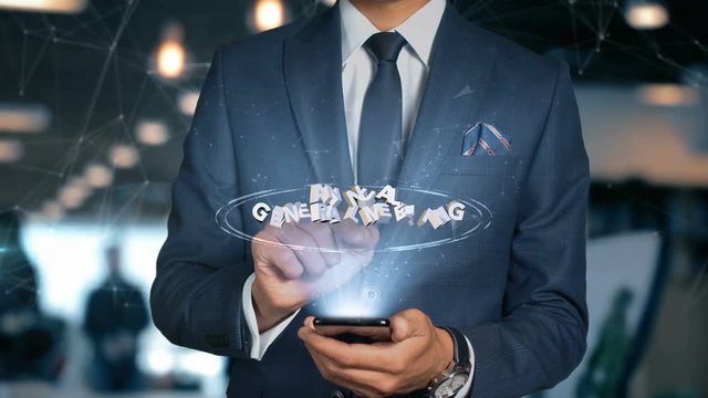 Businessman With Mobile Phone Opens Hologram HUD Interface and Touches Word - ANNUAL GENERAL MEETING