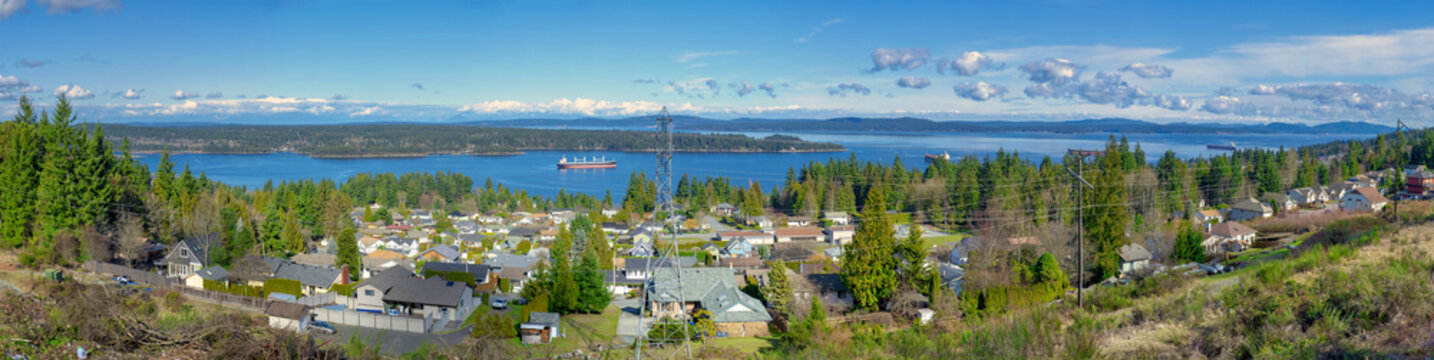 Panoramic view of the ocean and Ladysmith in Vancouver Island, BC