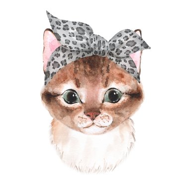Cute cat wearing bandana. Watercolor illustration, isolated on white