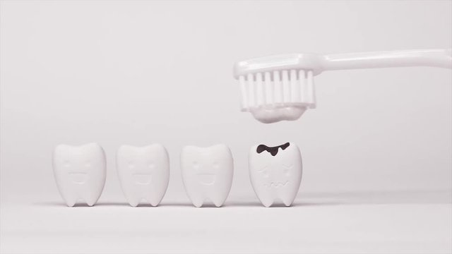 Toothbrush with Toothpaste brushing on Decayed Teeth model and Happy Tooth , if brush teeth and Check with Dentist, it will be good healthy 
