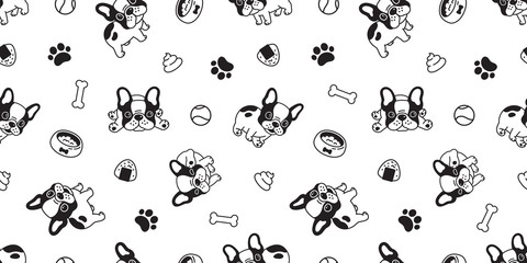 Dog seamless pattern french bulldog vector paw bone ball poo bowl onigiri tile background scarf isolated repeat wallpaper illustration cartoon