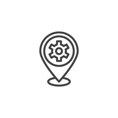 Repair service location outline icon. linear style sign for mobile concept and web design. Map Pointer Gear simple line vector icon. Symbol, logo illustration. Pixel perfect vector graphics