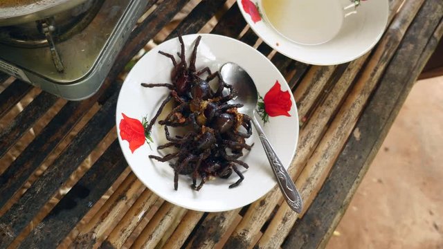 Deep fried tarantulas on a bowl ( close-up )