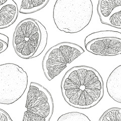 Materiał do szycia Ink hand drawn seamless pattern of orange fruit. Food element collection. Vintage sketch. Black outline.