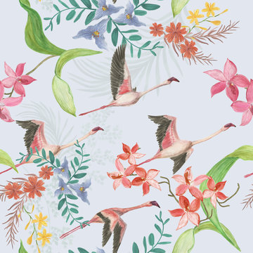 Watercolor painting seamless pattern with beautiful tropical flowers and flying flamingo