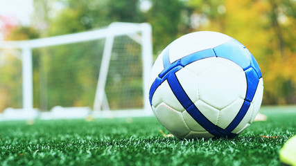 Soccer ball or football ball on green field. Gates in the background