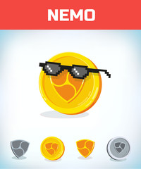 nemo in black glasses. nemo. Digital currency. Crypto currency. Money and finance symbol. Miner bit coin criptocurrency. Virtual money concept. Cartoon Vector illustration