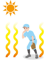 酷暑の中で野球する男の子.熱中症の危険.