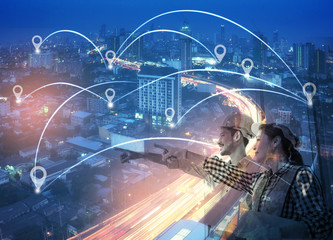 double exposure of network and city  and network connection concept.Internet data connection.