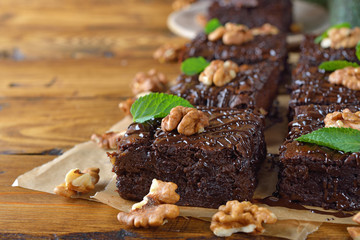 Delicious chocolate brownie with  nuts