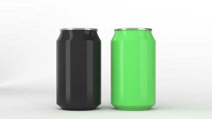 Two small black and green aluminum soda cans mockup on white background