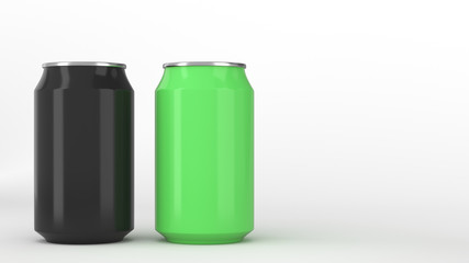 Two small black and green aluminum soda cans mockup on white background