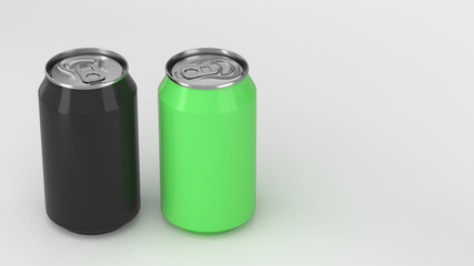 Two small black and green aluminum soda cans mockup on white background
