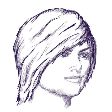 recommend clip art: Face half turn view. Elegant outline silhouette of a female head. Portrait of a pretty young woman. Sketch by pencil