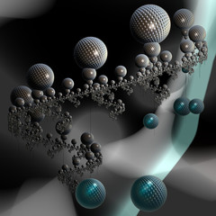 Digital fractal 3D design.Balls of different sizes on an abstract background.