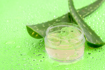 Natural beauty products and plant based clinical treatment concept with macro close up on an aloe vera plant leaf and gel isolated on wet green background soaked in water drops with copy space