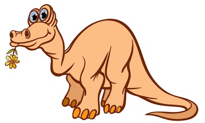 Cheerful, kind dinosaur. Worth it. In the teeth holds a flower. Vector illustration.
