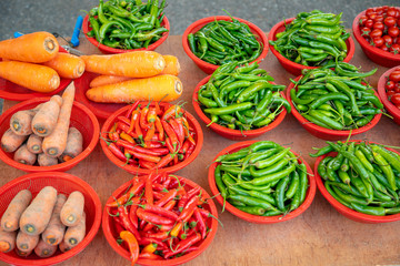 Fruits and vegetables sold at market stalls