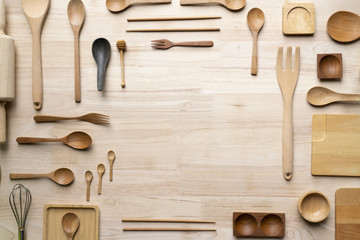 kitchen utensils for cooking on the wooden table, food prepare concept