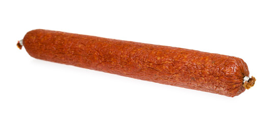 smoked salami sausage piece isolated on white background