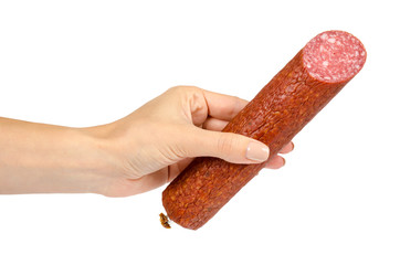 smoked salami sausage piece with hand, isolated on white background