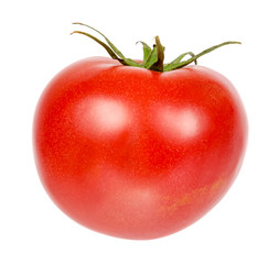 Fresh whole raw red tomato with green leaf, isolated on white background