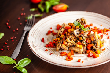 Portuguese cuisine. fried chicken with vegetables in Portuguese. background image. Copy space, selective focus