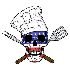 Skull in chef hat, crossed barbecue tools and American flag. Chef skull.