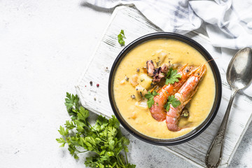 Chowder soup with seafood and prawn shrimps.