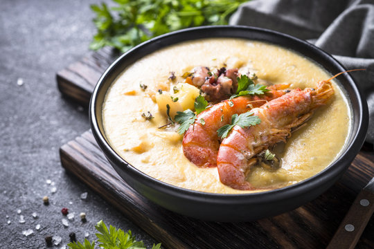 Chowder soup with seafood and prawn shrimps.