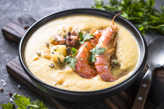 Chowder soup with seafood and prawn shrimps.