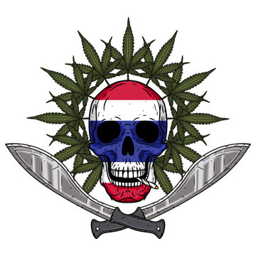 Human skull with two crossed machetes, marijuana leaf and Thai flag in hand drawn style. Rastaman skull with cannabis leafs.
