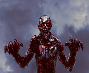 Dark bloody zombie stretches hands.
